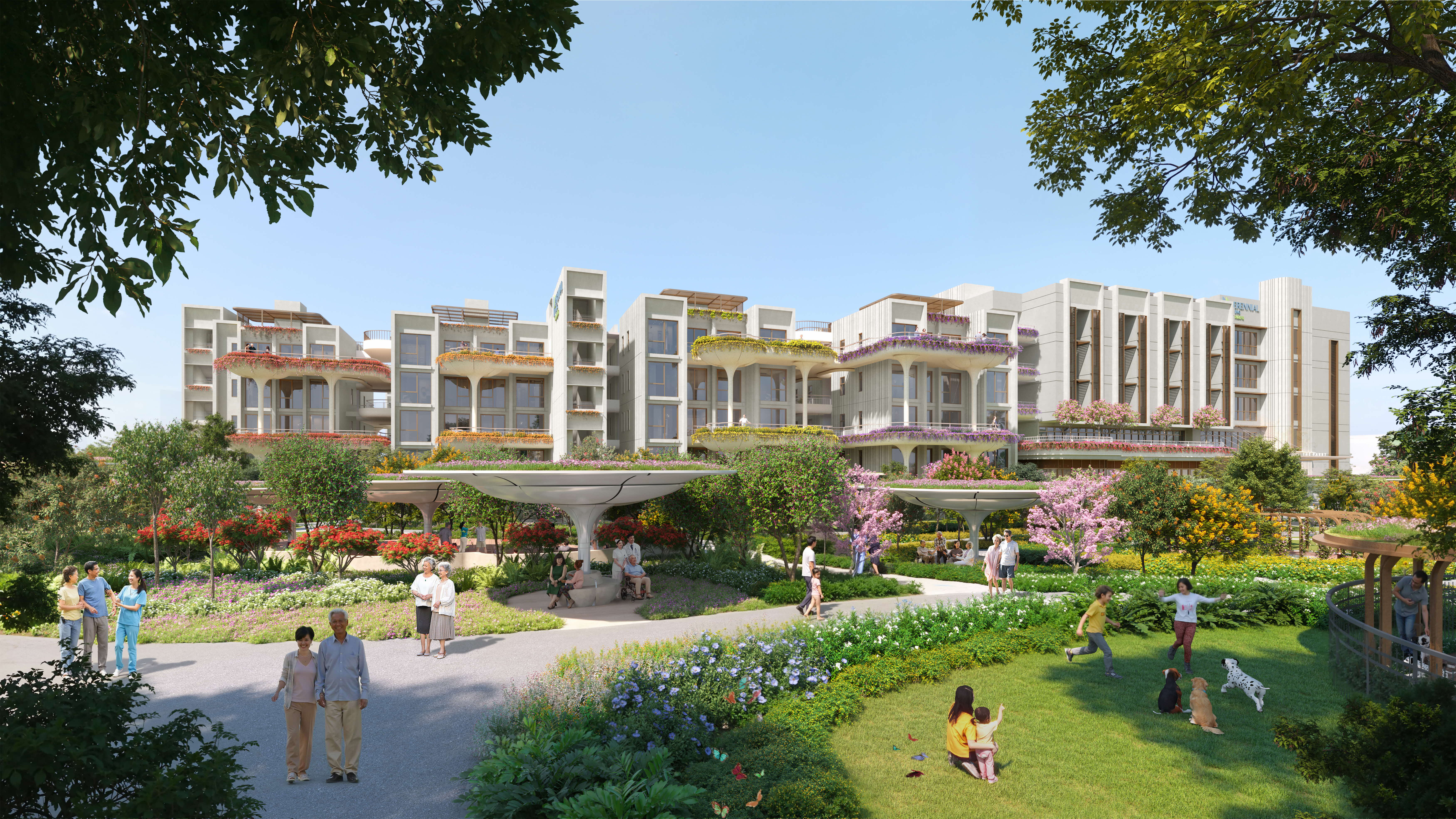 Architectural rendering of a modern senior living community with gardens and people enjoying the outdoor spaces.